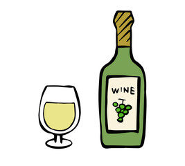 筆書き　白ワインボトルとグラス　線画イラスト