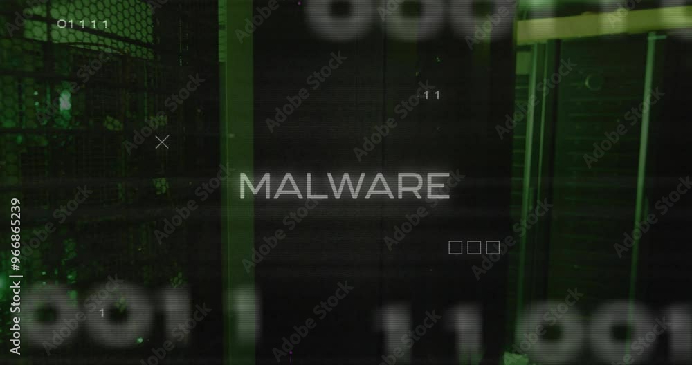 Poster animation of malware text over data processing and server room