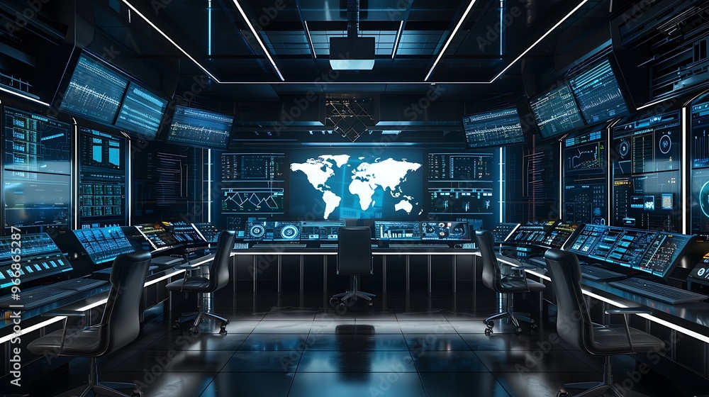 Poster futuristic control room with multiple global network data screens is designed in sleek black furnitu