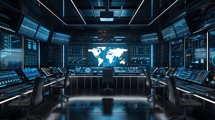 Futuristic control room with multiple global network data screens is designed in sleek black furniture, the world map visualization in the center emphasizes global coverage of data control monitoring.