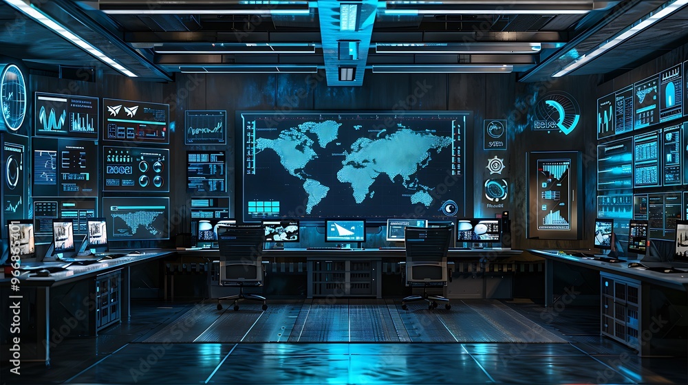 Poster futuristic command center interior with a large screen displaying a world map and multiple computers