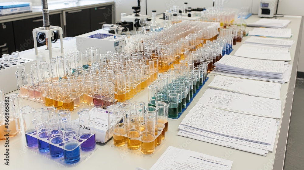 Poster laboratory experiment with colorful liquids in test tubes on a white table