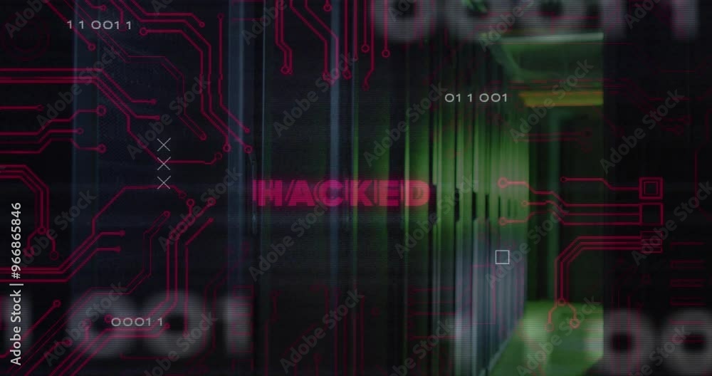 Poster animation of hacked text over data processing and server room