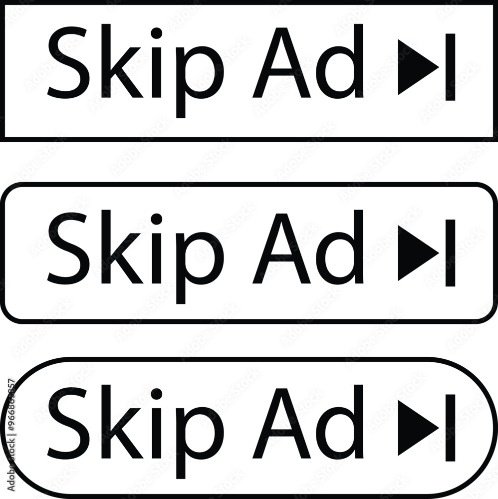 Poster set of skip ad buttons icons in trendy black line styles. skip advertisement png buttons for website
