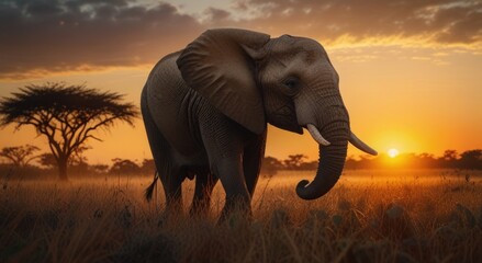 elephant in the savannah in the sunset