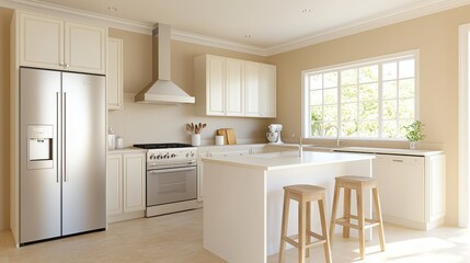 Modern Kitchen Interior Design with White Cabinets  Stainless Steel Appliances  and Kitchen Island