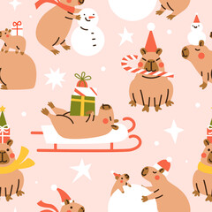 Seamless Christmas pattern with Cute capybaras. Hand drawn vector illustration. Funny animal background. Naive childish design. Cool comic character, kids poster, card, social media banner.