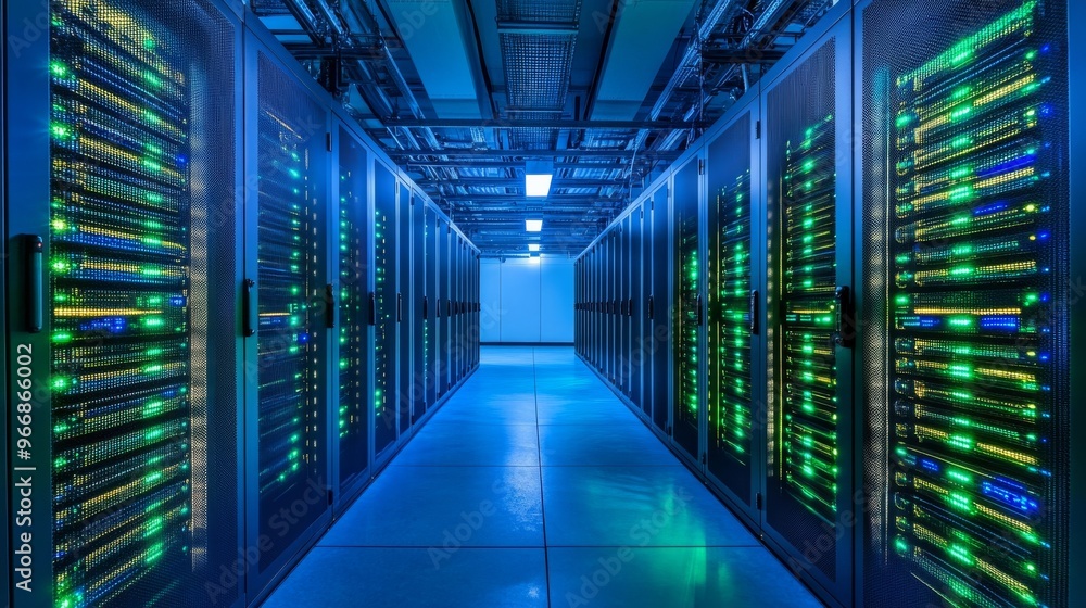 Poster rows of advanced servers are arranged symmetrically in a high-tech data center, with blue lighting h