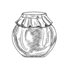 Vector illustration with transparent glass jar sauces, spices, preservation. Kitchen utensils, tools, dishes. Retro old cutlery. Hand drawn illustration in line art in black ink, isolated background