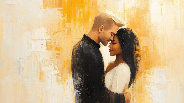 Romantic Couple Embracing in Abstract Oil Painting