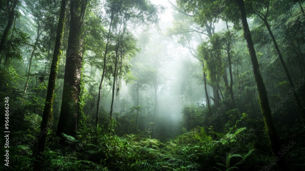Aufkleber a dense rainforest reveals towering trees and lush greenery surrounded by soft mist, creating a myst