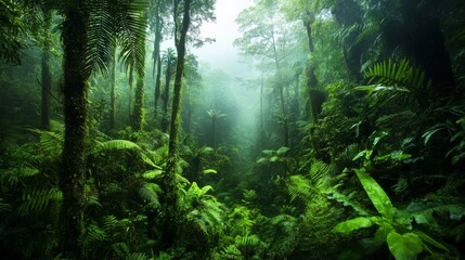 A vibrant rainforest filled with towering trees and rich foliage, enveloped in gentle mist, creating a serene and peaceful atmosphere at dawn