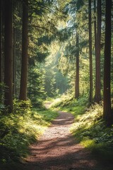 Obraz premium Scenic Forest Path in Lush Green Pine Trees