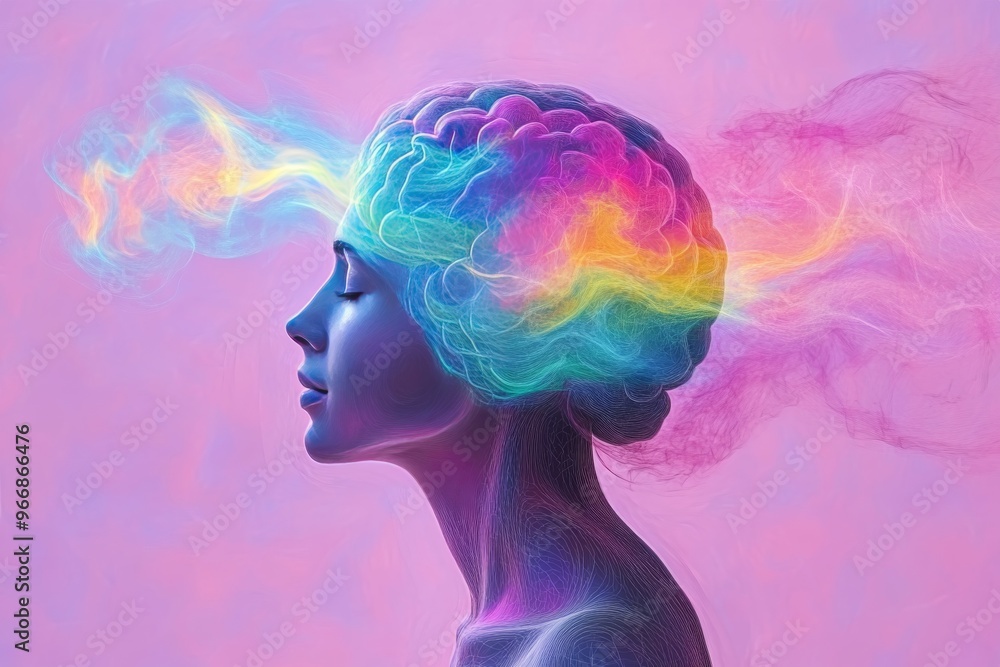 Poster synaptic plasticity thought patterns and intelligent interface human brain with rainbow colors emerg