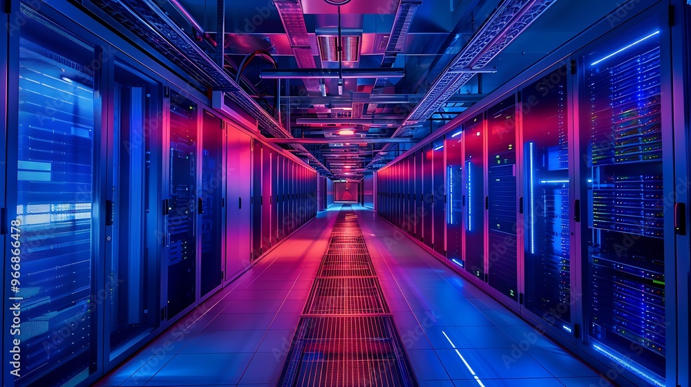Poster server room with red and blue lighting. rows of servers are seen in the image, illuminated by colore