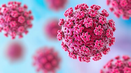 Obraz premium Detailed 3D illustration of a virus structure highlighting its unique shapes and colors against a soft blue background.