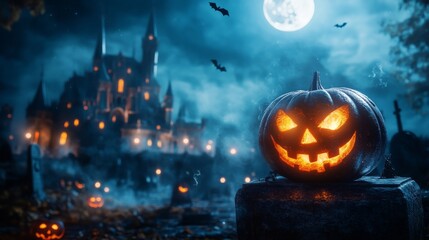 Obraz premium The misty landscape features a dark, haunted castle illuminated by the moon, surrounded by eerie shadows and glowing jack-o'-lanterns, evoking a chilling Halloween atmosphere
