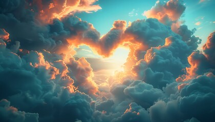 Heart of the Heavens: A breathtaking vista of majestic clouds forming a radiant heart shape, embracing the golden glow of the setting sun.  