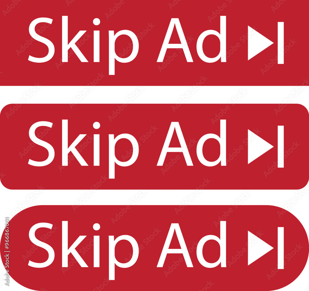 Poster set of skip ad buttons icons in trendy red flat styles. skip advertisement png buttons for website d