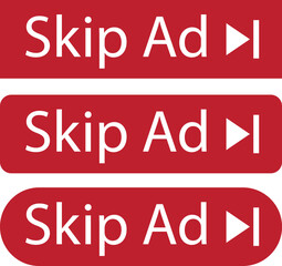 Set of Skip ad buttons icons in trendy Red flat styles. skip advertisement png buttons for website designs, online videos player. Advertisement text vectors isolated on transparent background.