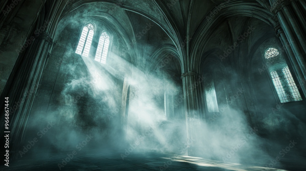 Poster A vast hall characterized by towering Gothic arches is illuminated by soft beams of light filtering through the windows, creating an enchanting atmosphere of stillness