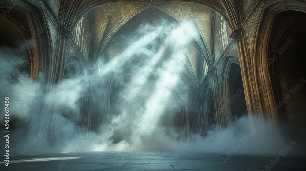 Poster soft beams of light pierce through a vast empty hall featuring towering gothic arches, creating a my