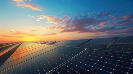 solar panels under a beautiful sunset sky with clouds. A field of solar panels producing clean energy. This is a powerful image for the clean energy movement.