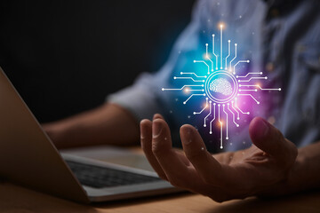 Blue Magenta Ai Artificial Intelligence Technology Concept. Brain and Circuit Line Ai Artificial Intelligence Icon on Businessman's Hand work With Laptop Computer