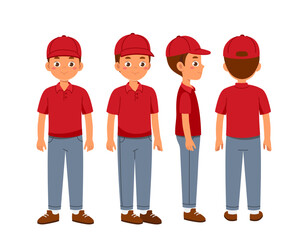 Delivery man constructor. Courier in uniform. Kit for creating animations. Pack of character in various angles. Logistics and shipping. Flat vector collection