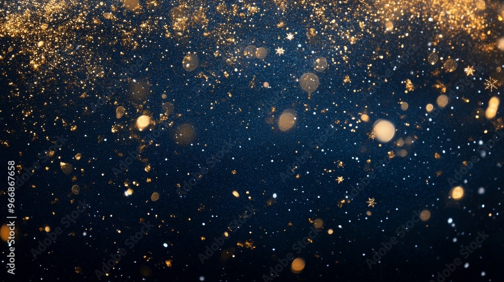 Poster the artwork features a deep navy blue backdrop filled with glimmering gold stars and sparkling parti