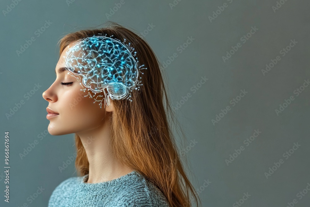 Poster microglia machine cognition and neurofuturism woman with brain interface on the side of her head rep