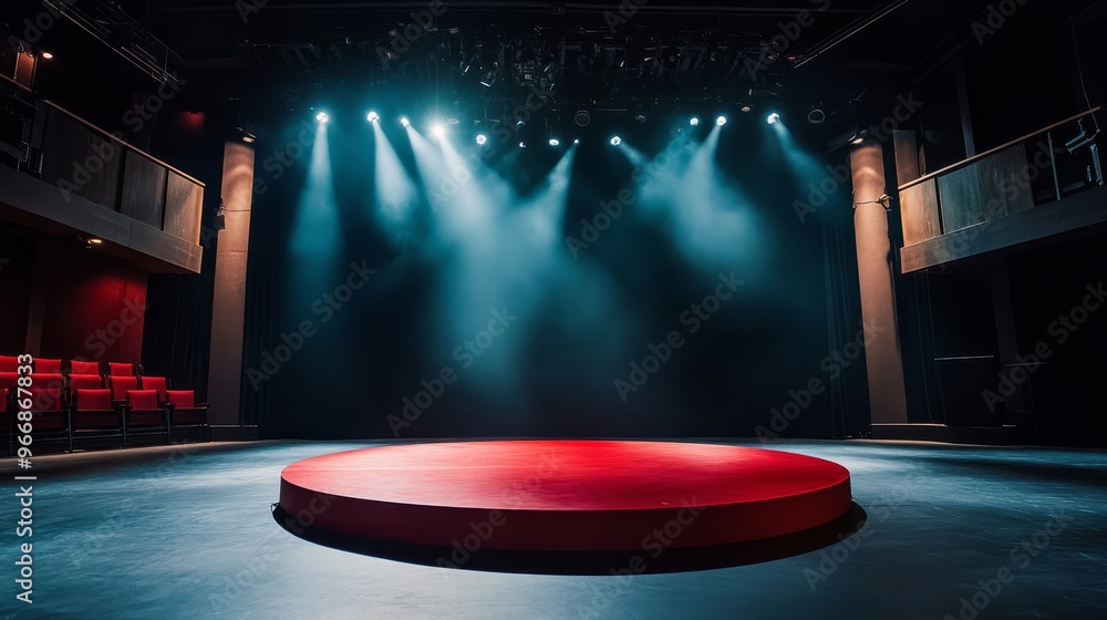 Poster the empty theater stage showcases a striking circular red podium centered under focused beams of lig