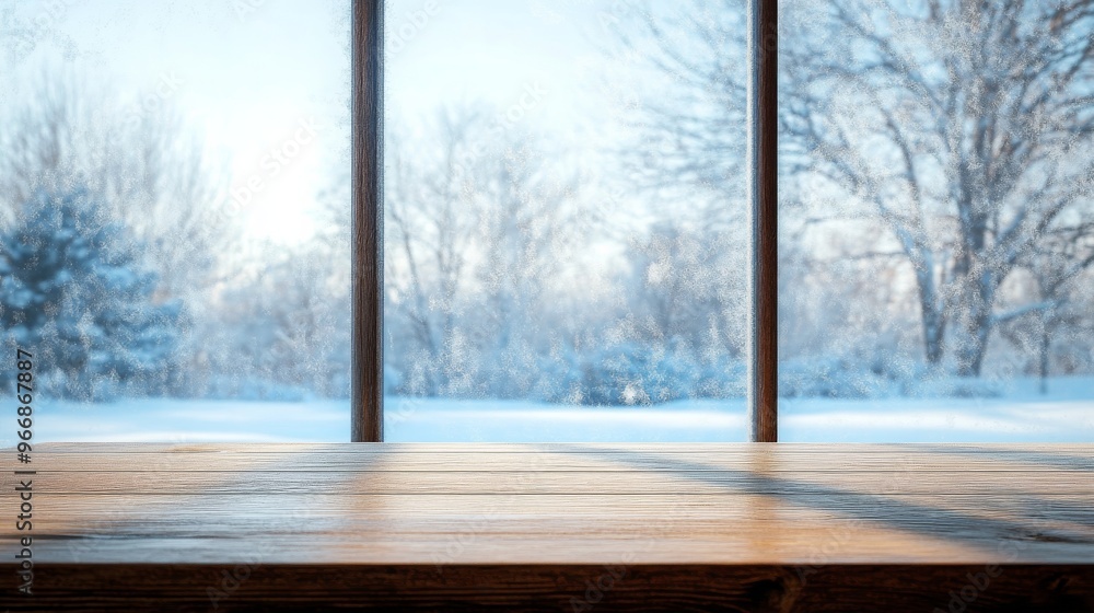 Poster a wooden table sits empty in front of a large frosted window, allowing a serene view of a snowy wint