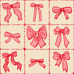 Seamless Christmas pattern with various bow knots, gift ribbons. Trendy hair braiding accessory. Hand drawn vector illustration. Holiday background, wrapping paper.