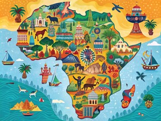Vibrant, stylized map of Africa, adorned with colorful illustrations of wildlife, landmarks, and cultural icons, blending traditional and modern elements in a visually striking design.