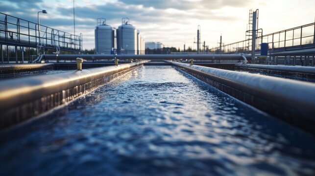 The wide-angle perspective reveals a large wastewater treatment facility with filtration pools and pipelines, reflecting the complexity of industrial water management during the afternoon