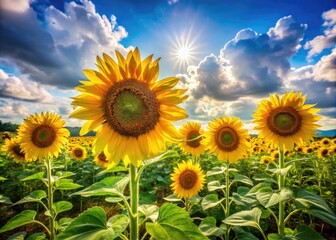 Vibrant sunflowers stand tall amidst a lush green field, basking in warm sunlight, with a few puffy white clouds drifting lazily across the serene blue sky.