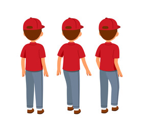 Delivery man constructor. Courier in uniform back view. Kit for creating animations. Pack of character in various angles. Logistics, shipping and delivery. Flat vector collection