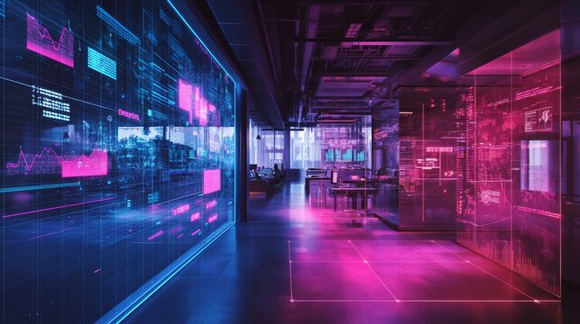 A spacious open office showcases vibrant neon colors and digital data overlays, creating a dynamic work atmosphere with a futuristic appeal