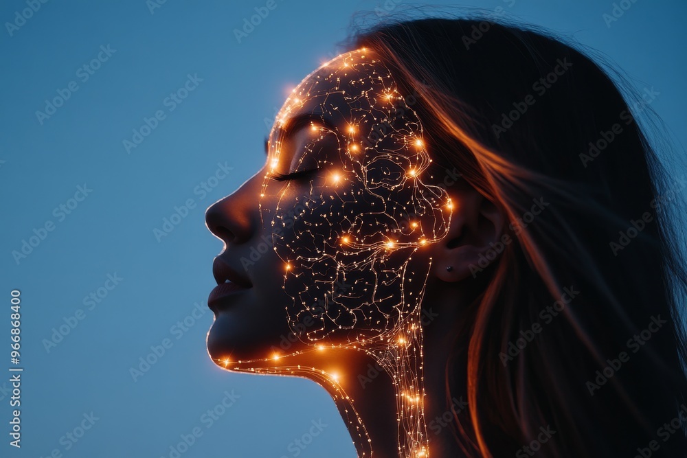 Poster glial cells psychophysics and cortical neurons womans face glowing with neural light patterns repres