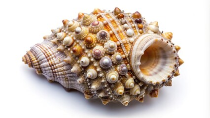 Seashell with barnacles isolated on white background, bird's eye view