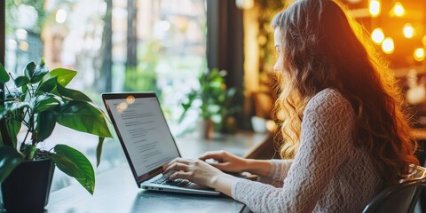 social media online content, freelance worker, working online, content creator, woman using laptop, woman reading blog online on computer at coffee shop