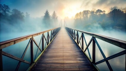 Secluded bridge crossing disappearing into morning fog perfect for a suspenseful story Close-Up