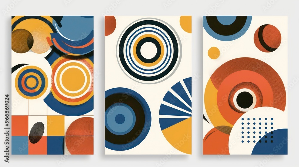 Aufkleber abstract geometric shapes and patterns in three colorful posters for modern design.