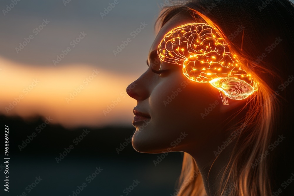 Poster deep learning decision boundary and neuroarchitecture sunset lit woman with glowing brain symbolizin