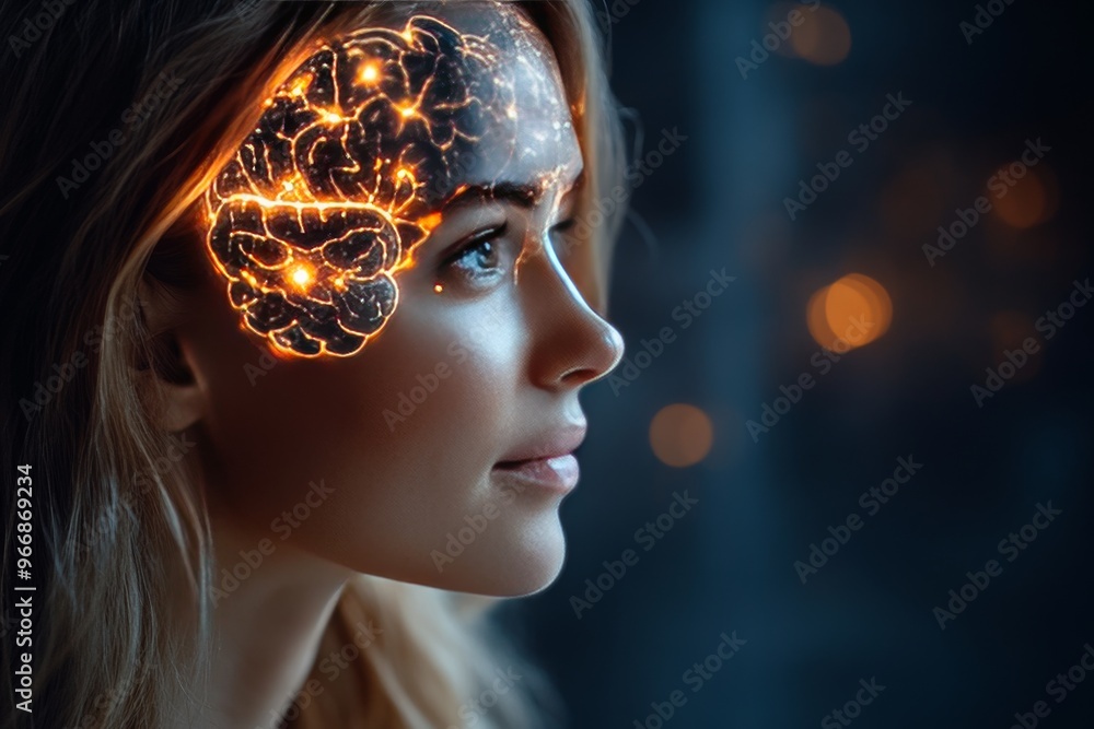 Aufkleber cognitive science mental imagery and neurointerfacing woman with neural interface emitting light sym