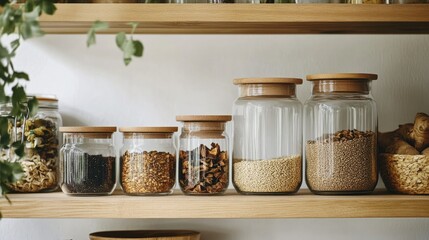A set of glass storage jars filled with dried goods, placed on a pantry shelf, with space for eco-conscious messaging.