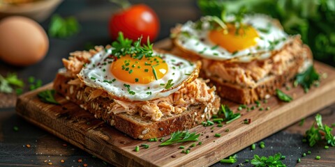 Tuna paste and egg sandwich on a wooden board Selective focus