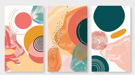 Fototapeta premium Set of three abstract colorful illustrations with geometric shapes, circles, lines, and textures.