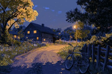 Fototapeta premium Cozy Country Road With Blooming Wildflowers And A Rustic Fence Cozy Vibe, Generative AI